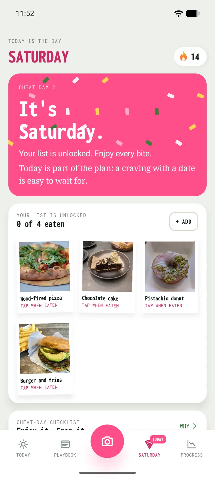 The cheat day in pink: pizza, chocolate cake, a donut, and a burger, unlocked