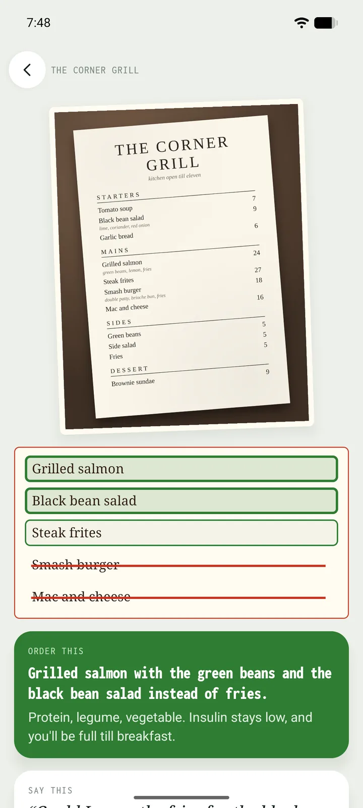 A restaurant menu read: the order, and the line to say to the waiter